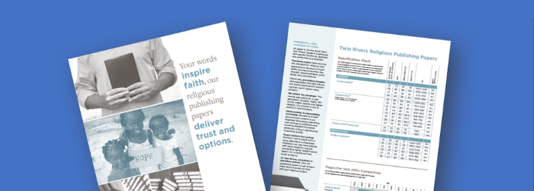 Preview of the Twin Rivers Religious Paper Roadmap with prominent text 'Your words inspire faith, our religious publishing papers deliver trust and options.'